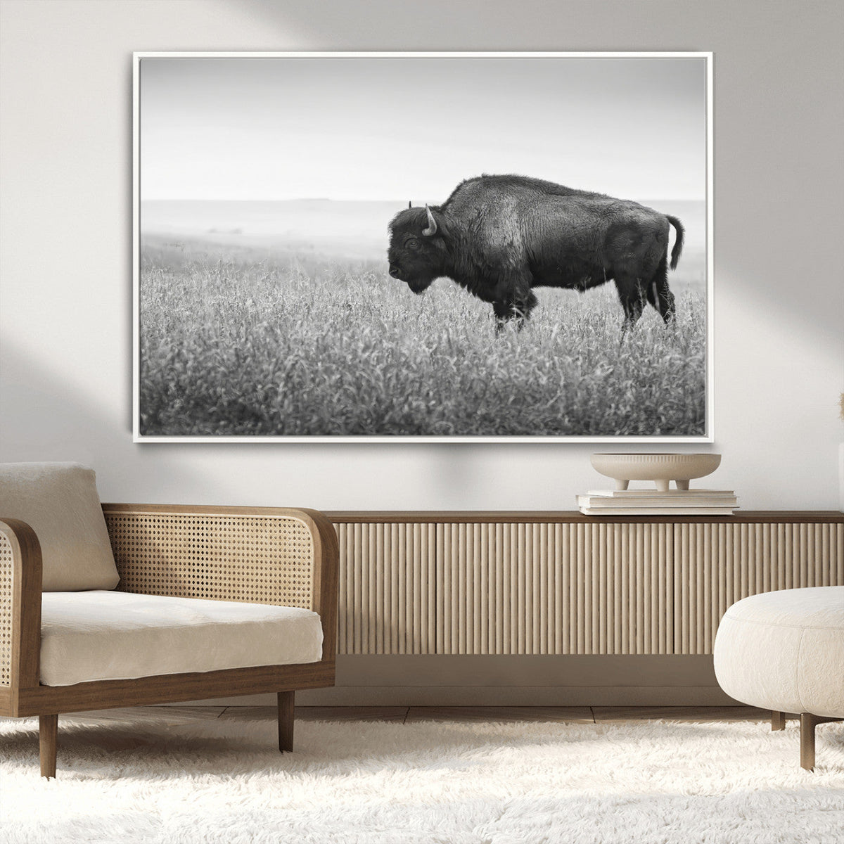 Bison Wall Art Canvas Print, Framed Rustic Wildlife Scene with Wild Buffalo