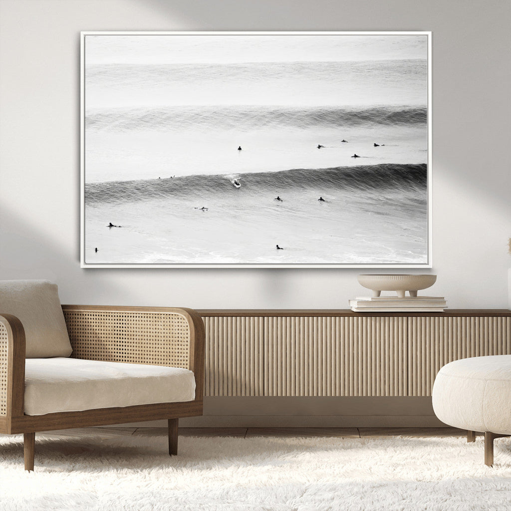 Black White Ocean Wall Art Canvas Print, Framed Coastal Sport and Ocean Swimmers Scene