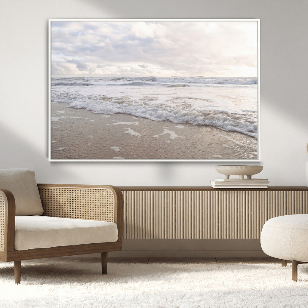 Ocean Waves Wall Art Canvas Print, Framed Coastal Shoreline Sea Foam Artwork