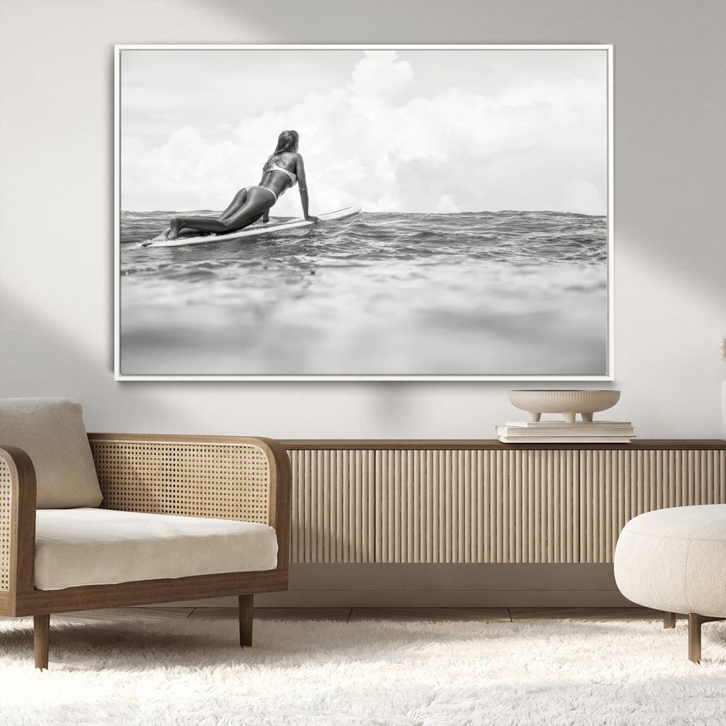 Black and White Surfing Wall Art Canvas Print, Framed Ocean Horizon Surfer Girl