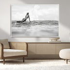 Black and White Surfing Wall Art Canvas Print, Framed Ocean Horizon Surfer Girl