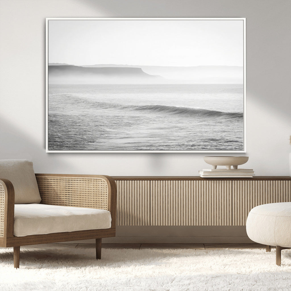 Black and White Seascape Wall Art Canvas Print, Framed Misty Ocean Waves
