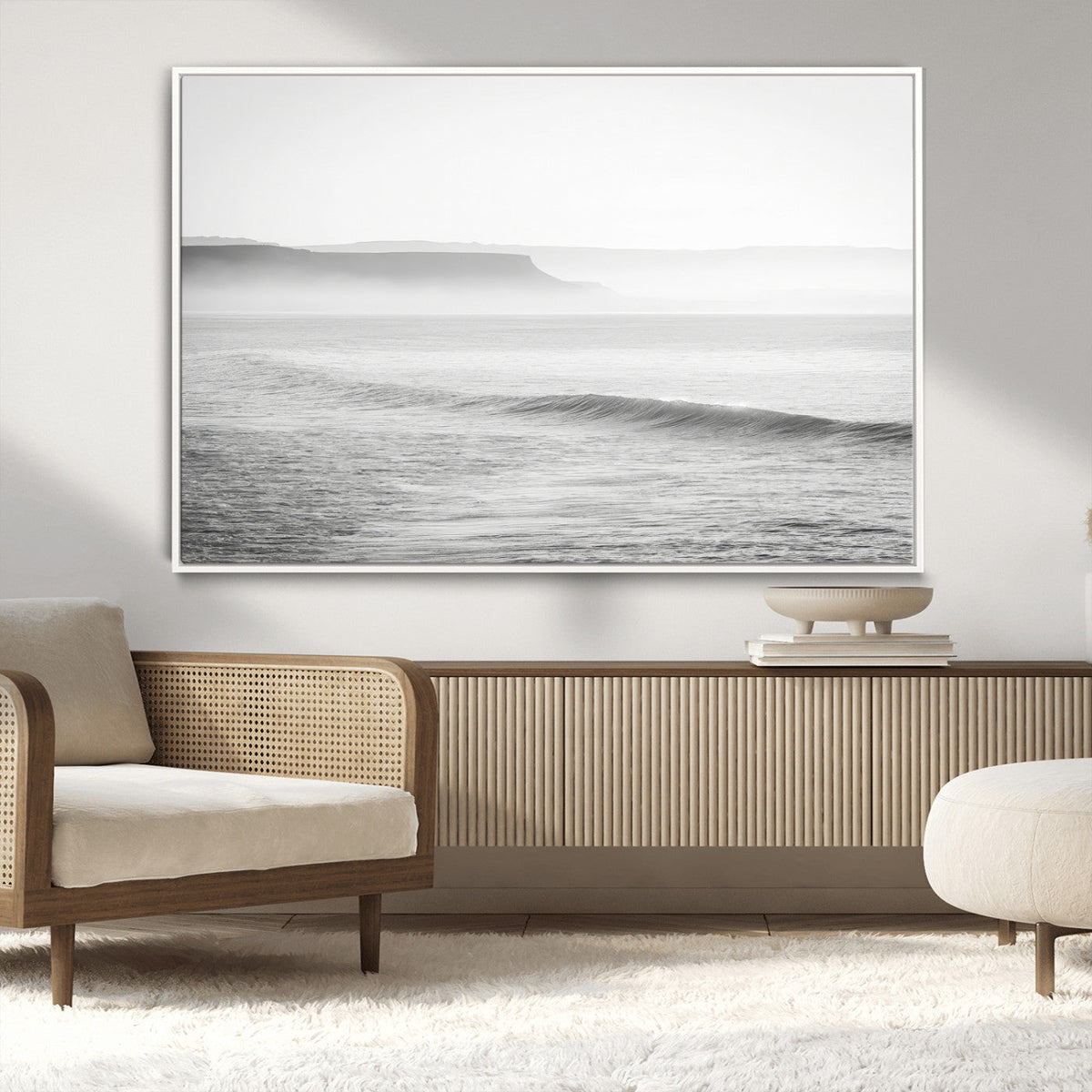 Black and White Seascape Wall Art Canvas Print, Framed Misty Ocean Waves