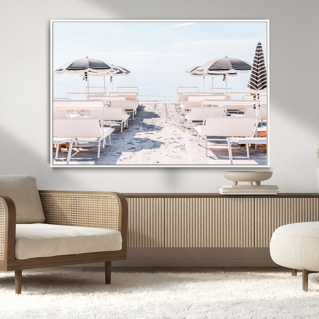 Minimalist Beach Wall Art Canvas Print, Framed Pastel Sand and Striped Umbrella Artwork