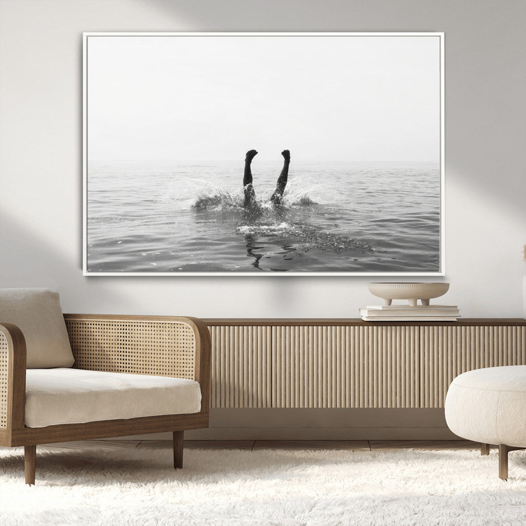 Black White Ocean Wall Art Canvas Print, Framed Monochrome Diving into Water Artwork