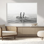 Black White Ocean Wall Art Canvas Print, Framed Monochrome Diving into Water Artwork