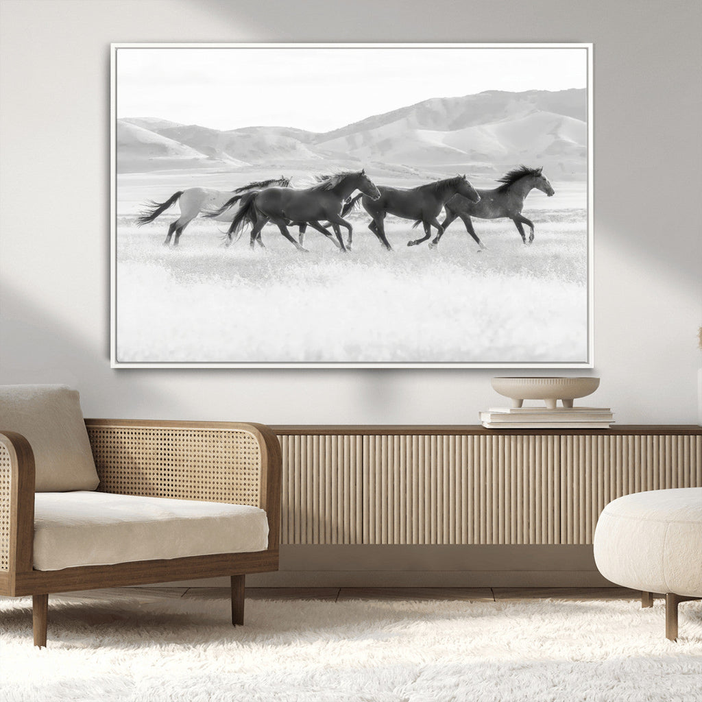 Wild Horses Running Wall Art Canvas Print, Framed Black White Mustangs Artwork