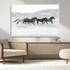 Wild Horses Running Wall Art Canvas Print, Framed Black White Mustangs Artwork