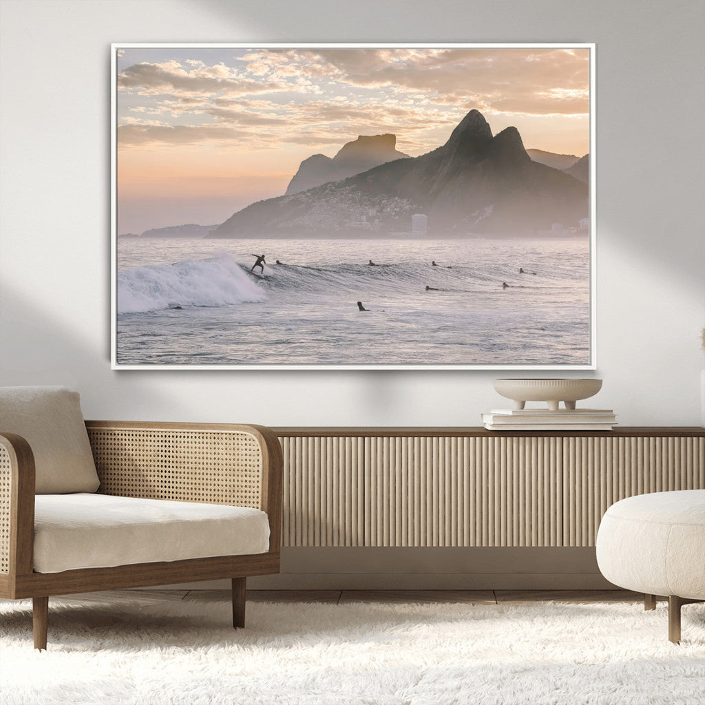 Sunset Surfing Wall Art Canvas Print, Framed Misty Mountains and Surfer Riding a Wave