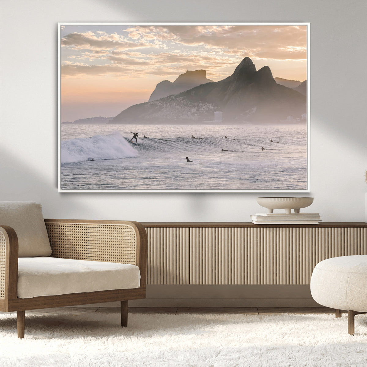 Sunset Surfing Wall Art Canvas Print, Framed Misty Mountains and Surfer Riding a Wave