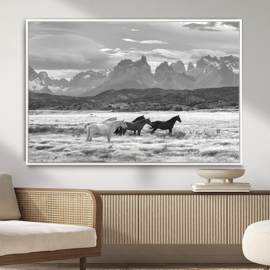 Wild Horses Wall Art | Framed Black White Mountain Canvas