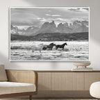 Wild Horses Wall Art | Framed Black White Mountain Canvas