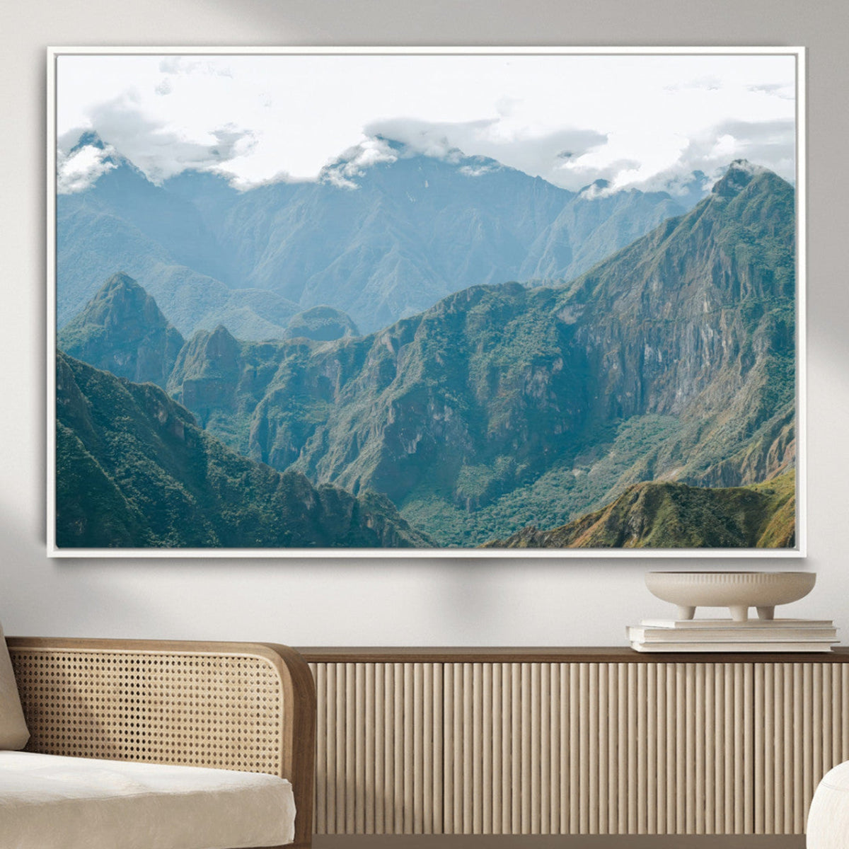 Misty Mountain Wall Art Canvas Print, Framed Cloudy Andean Art, Rugged Mountain Landscape