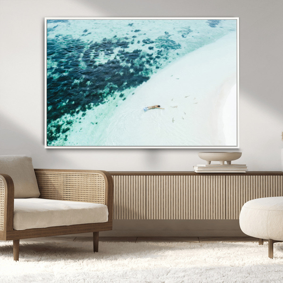Minimal Beach Wall Art Canvas Print, Framed Ocean Swimming Art, Clear Ocean Decor