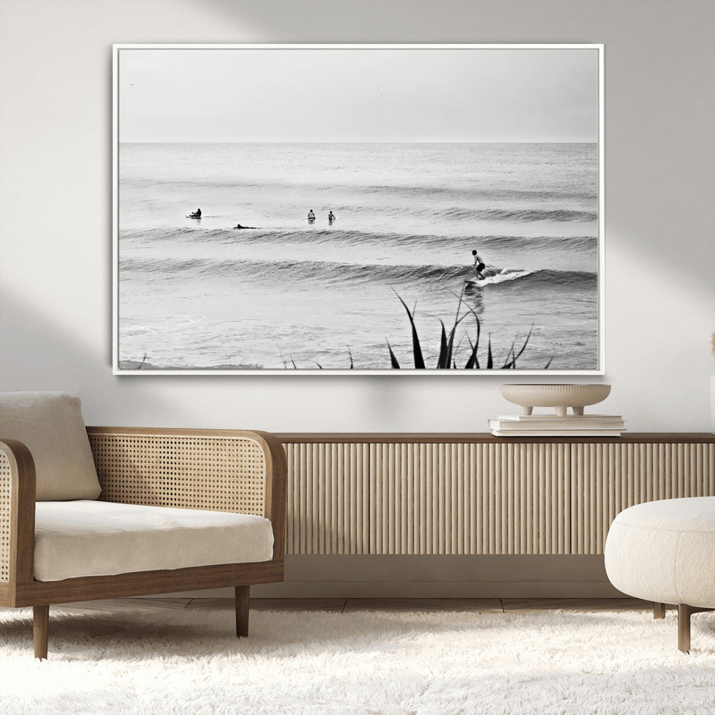 Surfer Silhouette Wall Art Canvas Print, Framed Calm Ocean Monochrome Surf