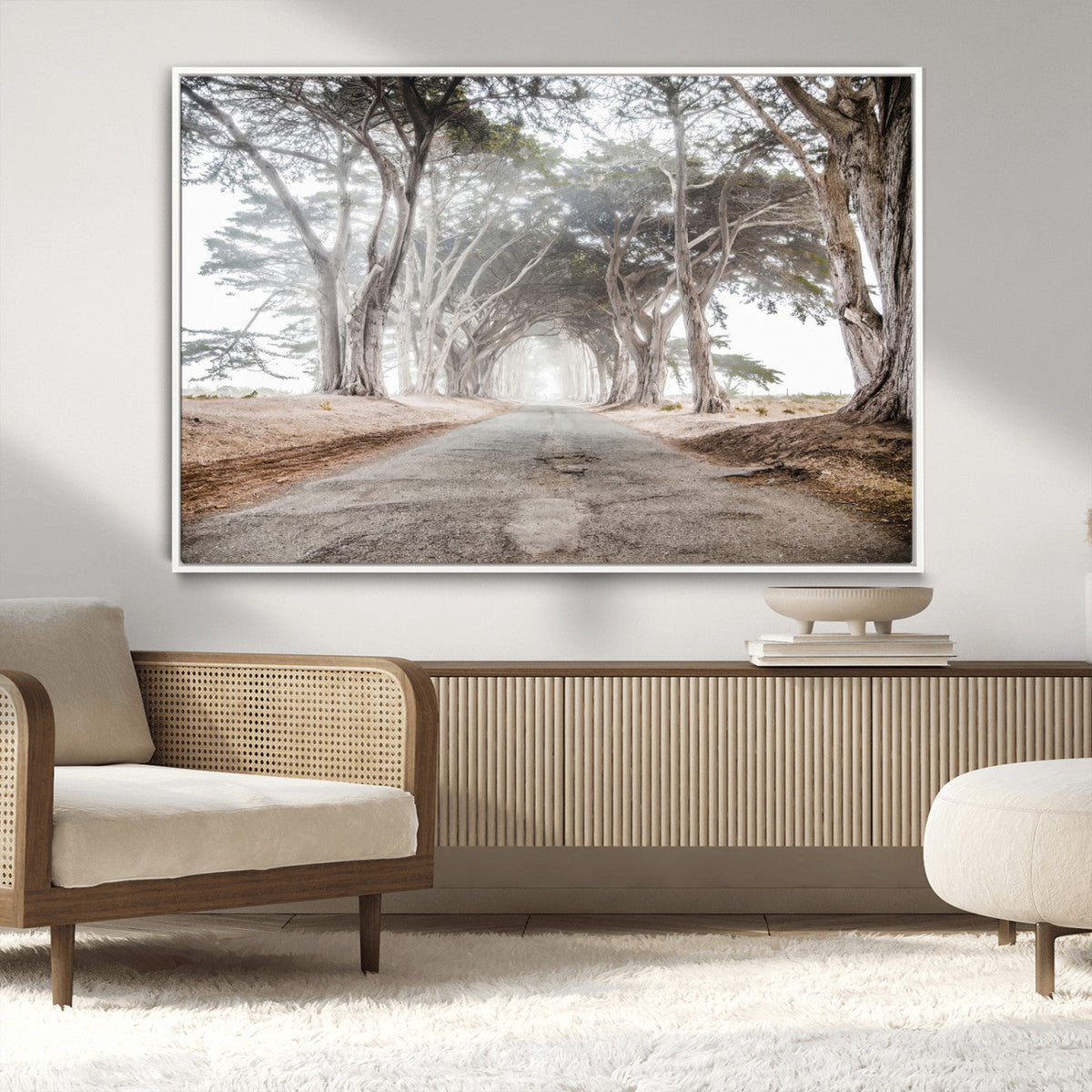 Cypress Tunnel Wall Art | Framed Misty Road Canvas Artwork
