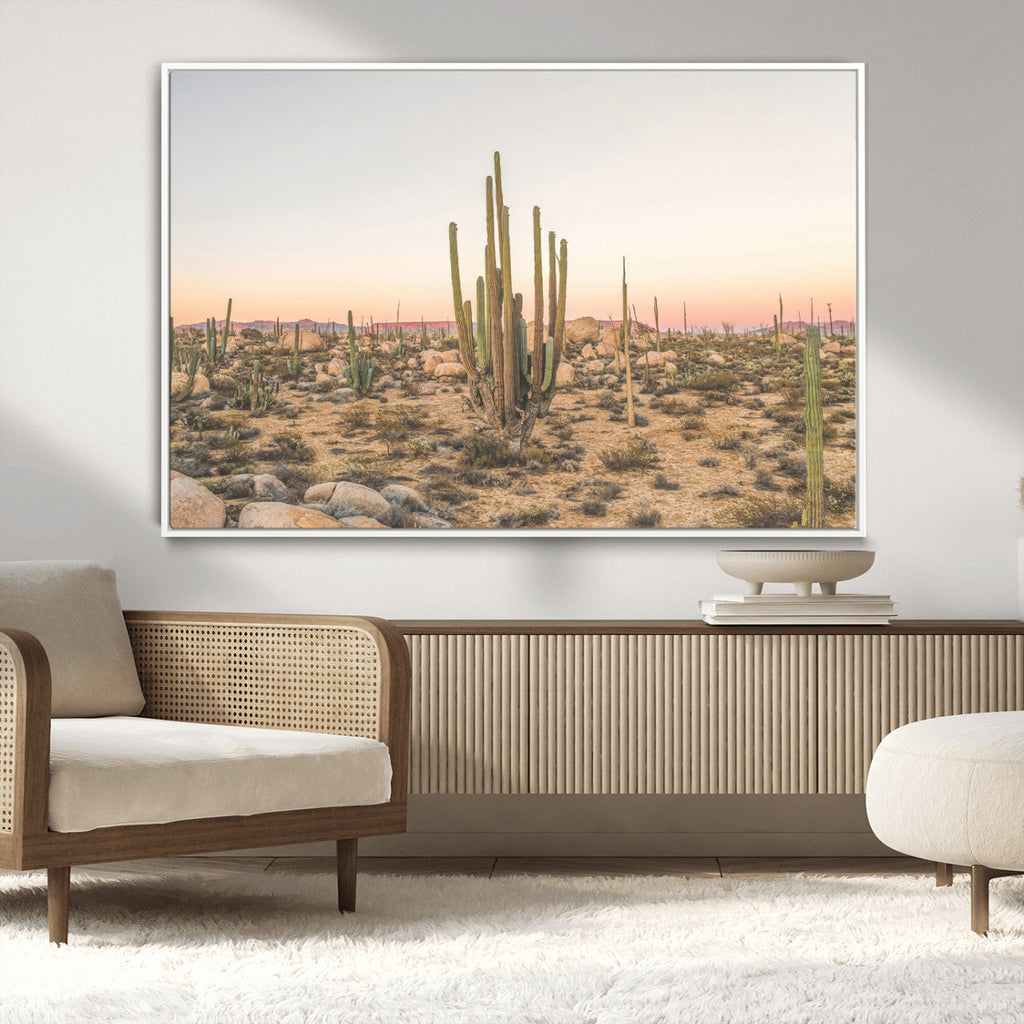 Desert Cactus Wall Art Canvas Print, Framed Baja Desert Art, Pastel Southwestern Decor