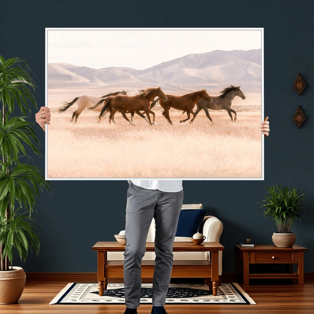 Wild Horse Wall Art Canvas Print, Framed Rustic Western Art, Desert Horse Scene