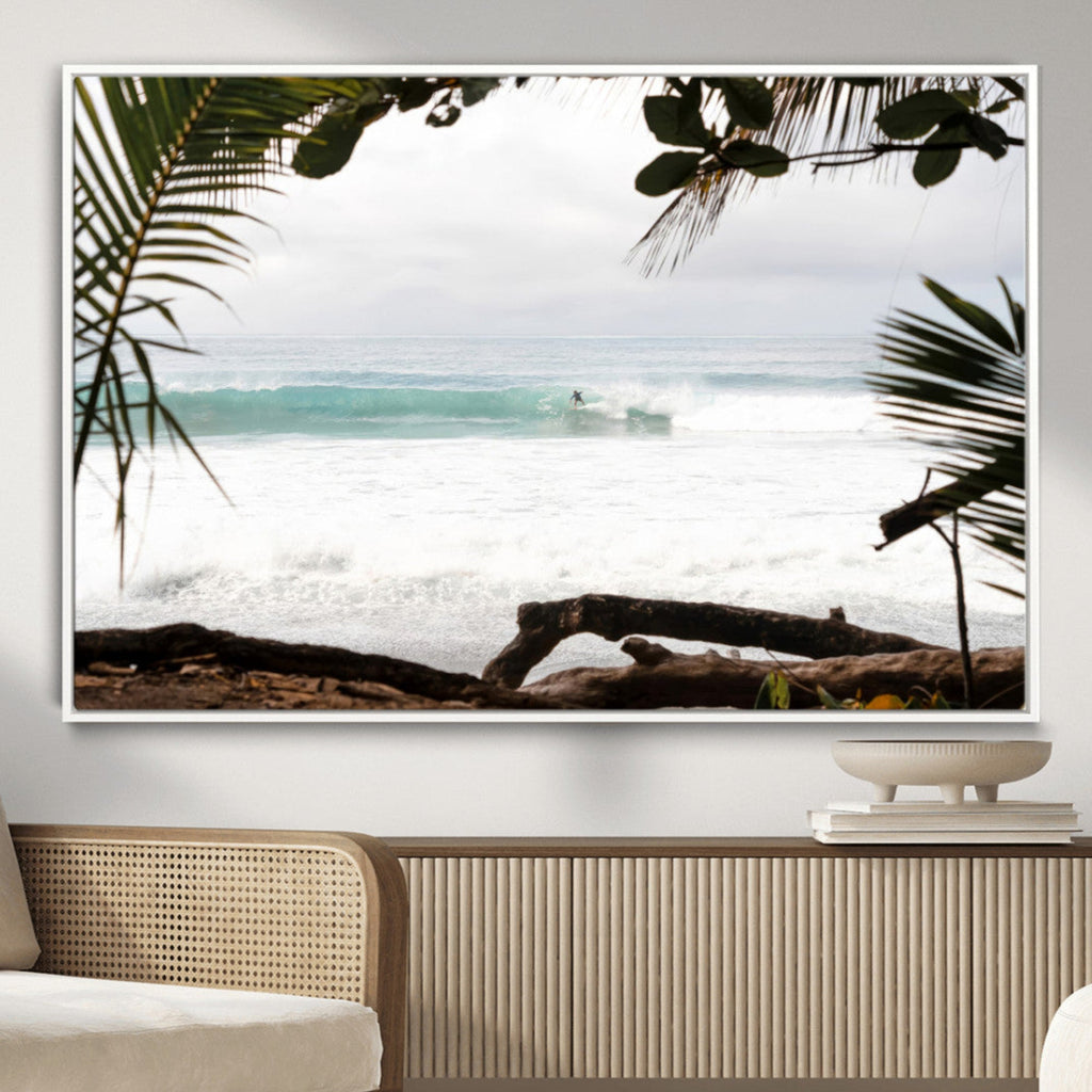 Tropical Surf Wall Art Canvas Print, Framed Palm Tree View Art, Boho Beach House Decor
