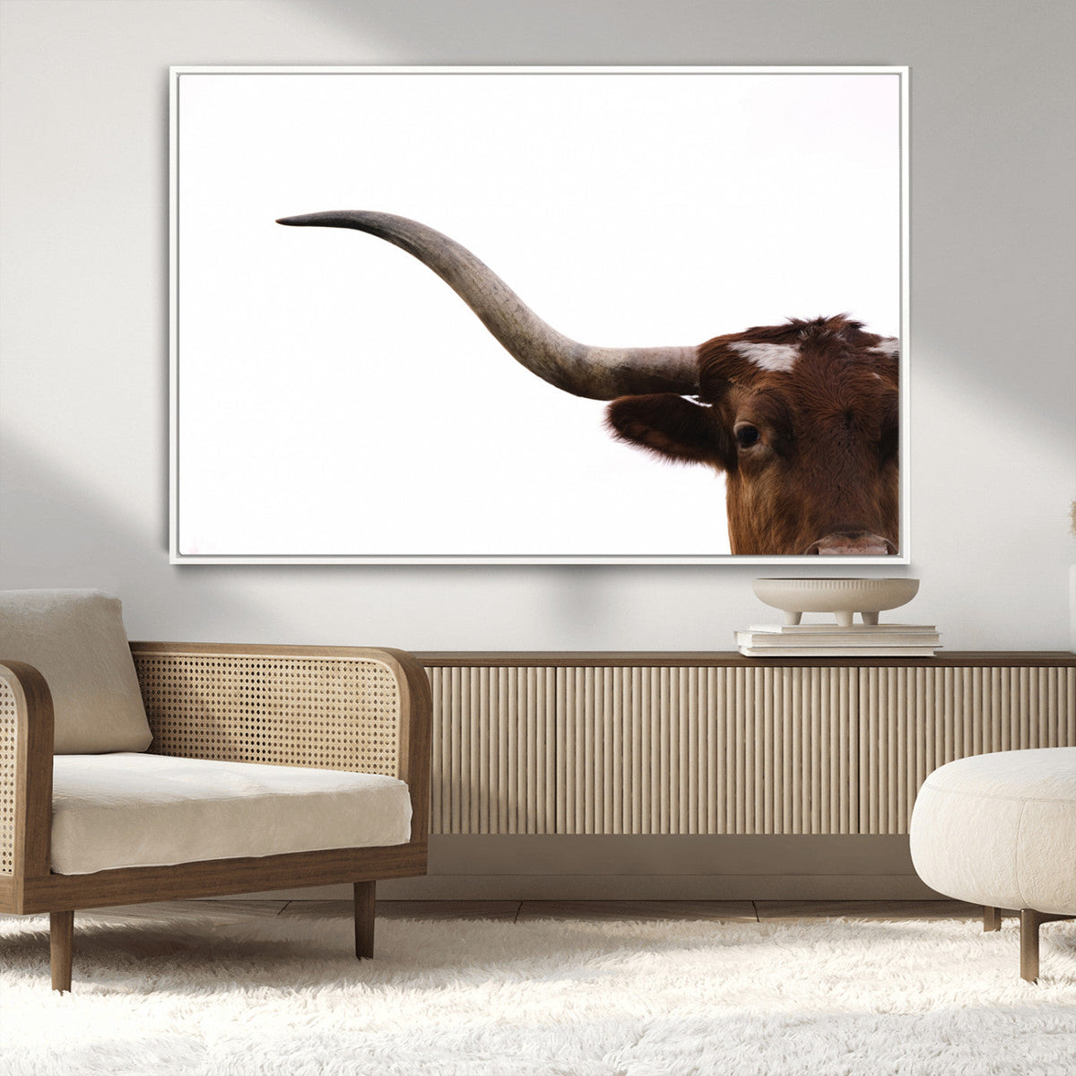 Texas Longhorn Wall Art Canvas Print, Framed Minimalist Cow Art, Ranch Style Decor