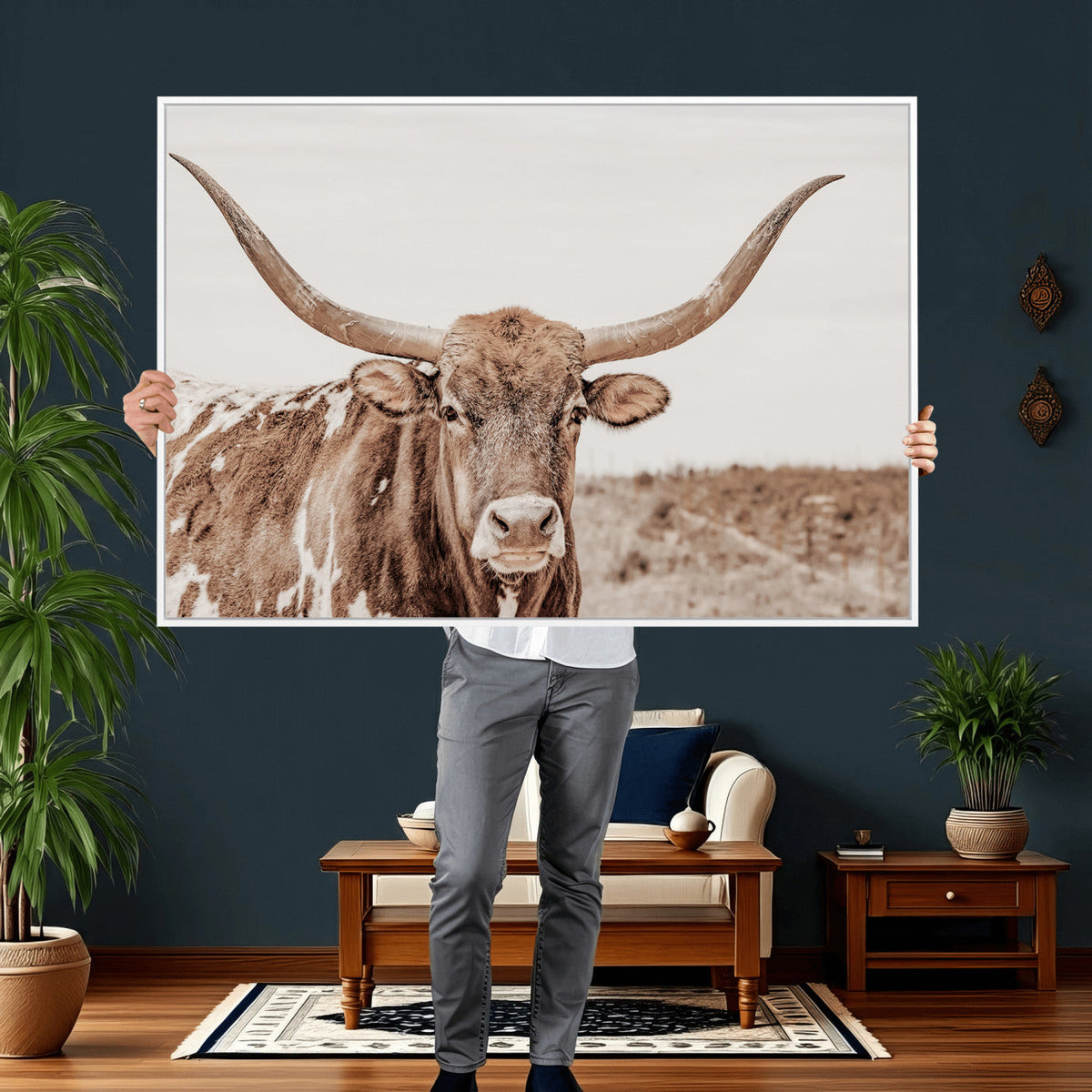 Longhorn Cow Wall Art Canvas Print, Framed Texas Ranch Print, Western Bull Art, Cowboy Decor
