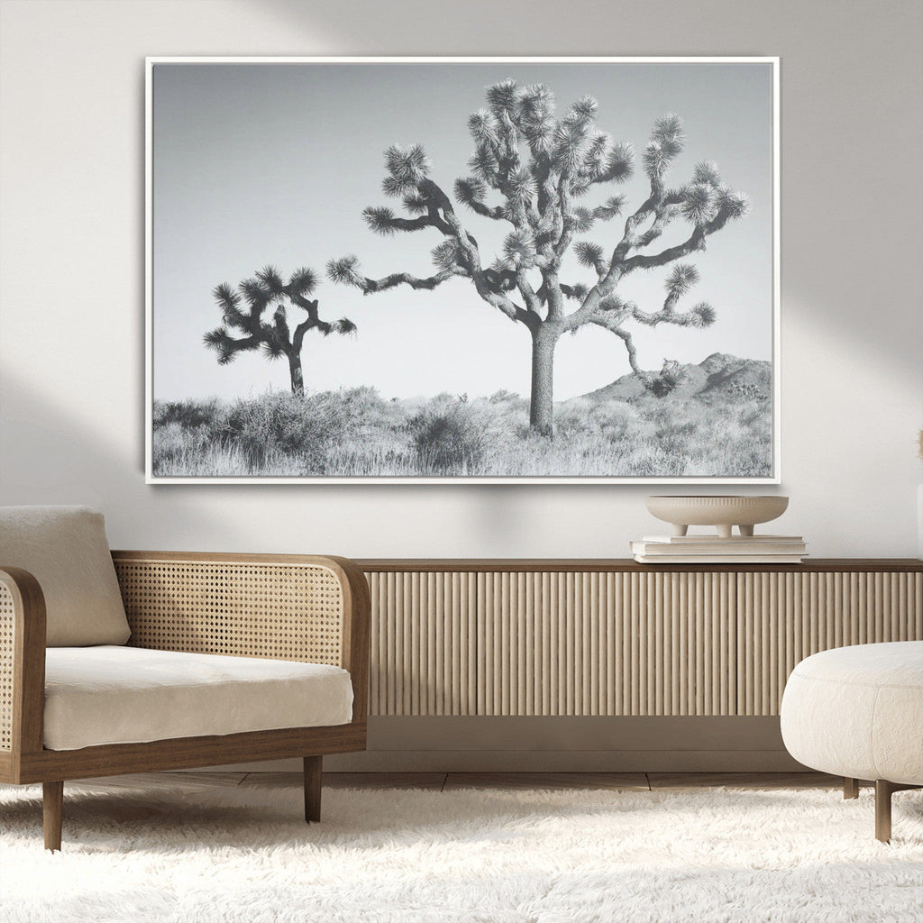 Joshua Tree Wall Art Canvas Print, Framed Black and White Desert Landscape Artwork