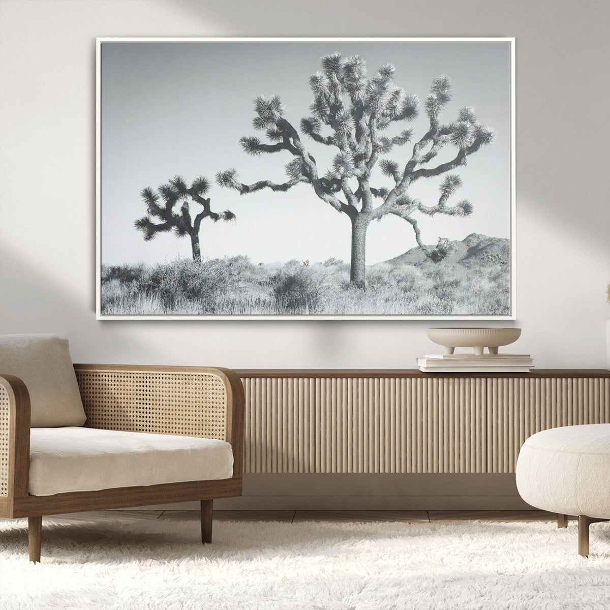 Joshua Tree Wall Art Canvas Print, Framed Black and White Desert Landscape Artwork