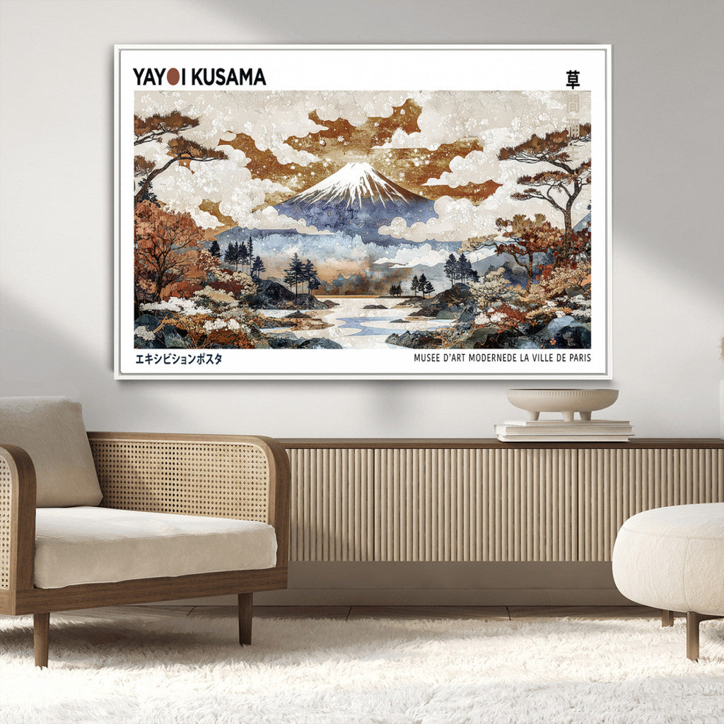 Modern Japanese Mount Fuji Canvas Art Print, Yayoi Kusama Wall Art, Framed Abstract Japanese Landscape