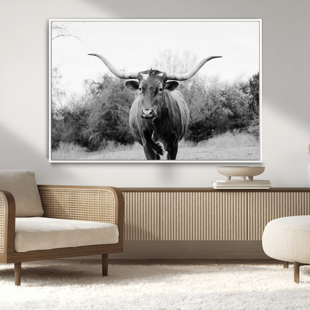 Longhorn Photography Wall Art Canvas Print, Framed Western Cow Texas Ranch Decor