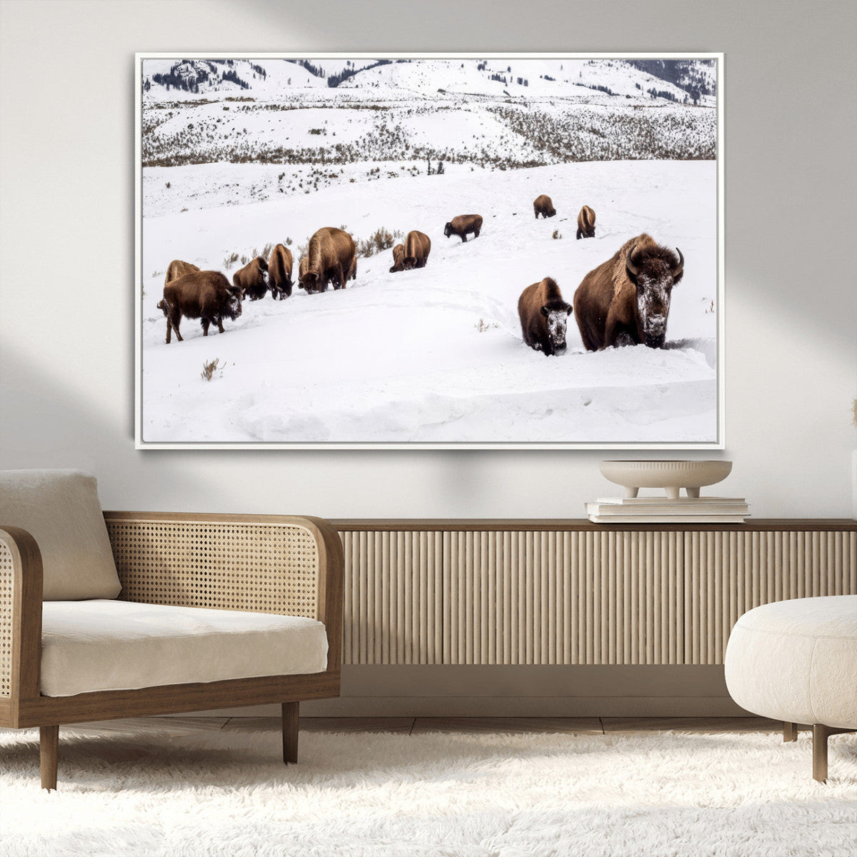 Bison Herd Wall Art Canvas Print, Framed Western Wildlife Decor, Snowy Mountain Valley