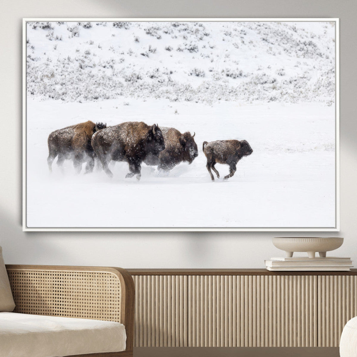 Bison Herd Wall Art Canvas Print, Framed Snowy Bison Scene, Winter Wildlife Decor