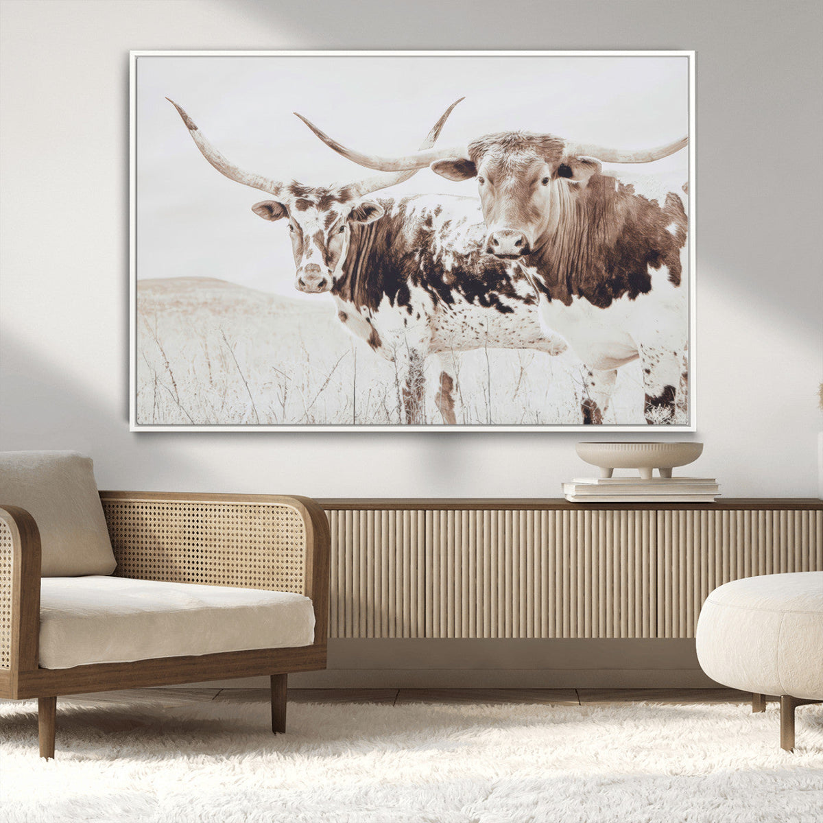 Longhorn Cow Wall Art Canvas Print, Framed Rustic Cattle Art, Sepia Western Decor