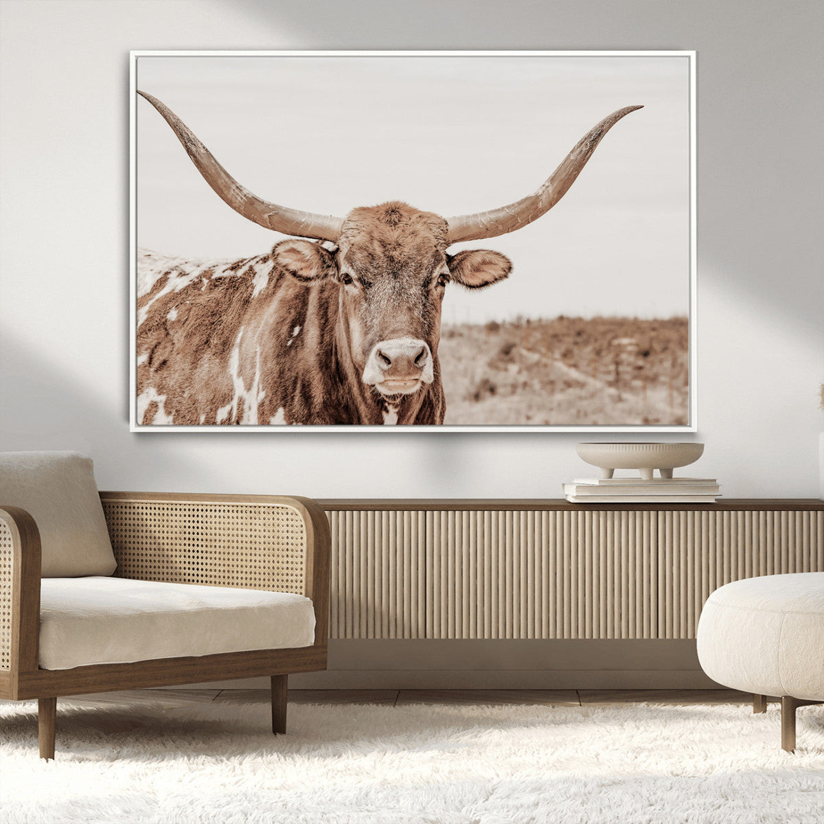 Longhorn Bull Wall Art Canvas Print, Framed Rustic Cow Decor, Neutral Farmhouse Style