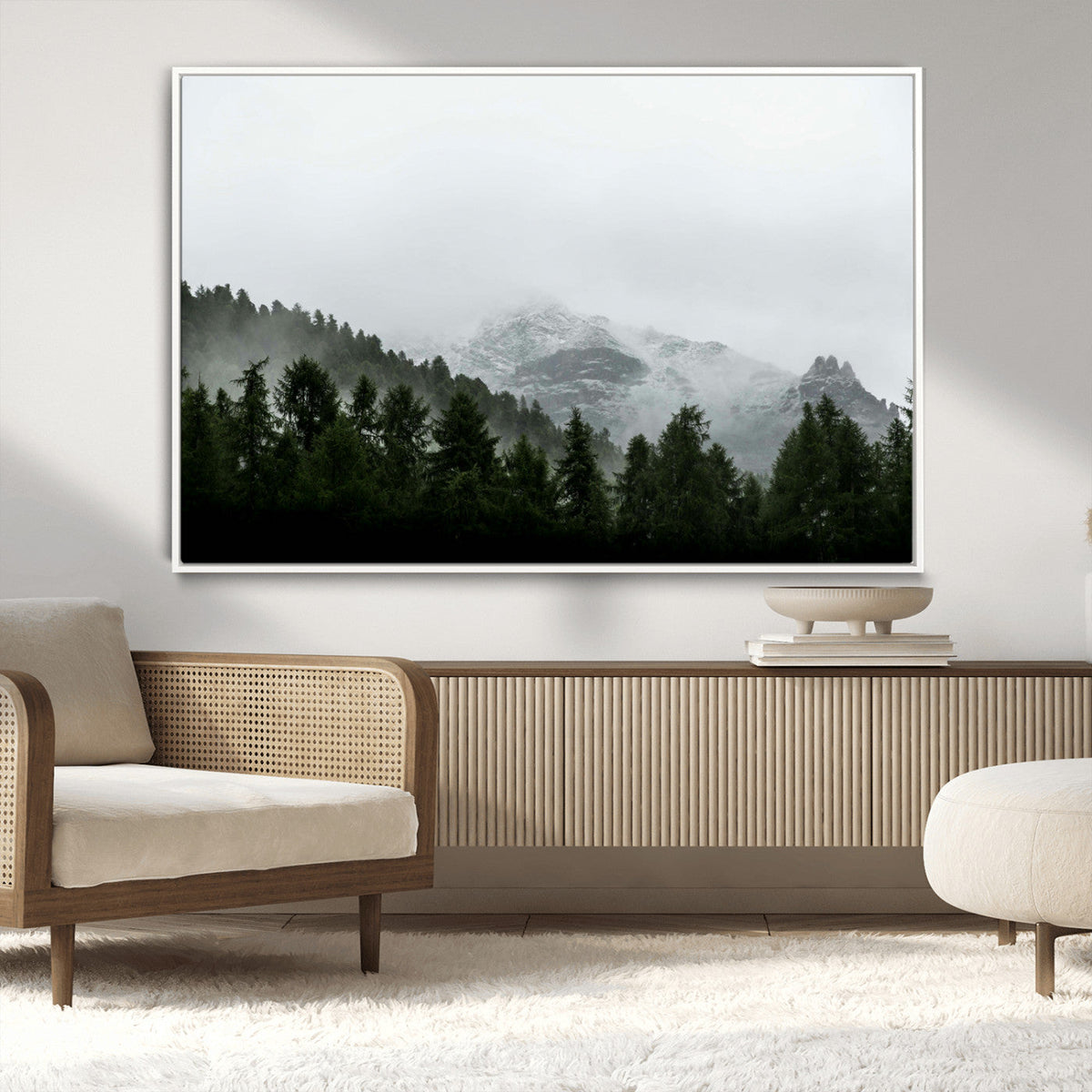 Misty Mountains Wall Art Canvas Print, Framed Foggy Forest Art, Snowy Peaks Landscape
