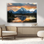 Mountain Sunset Wall Art Canvas Print, Framed Alpine Wilderness Art, Golden Hour Lake