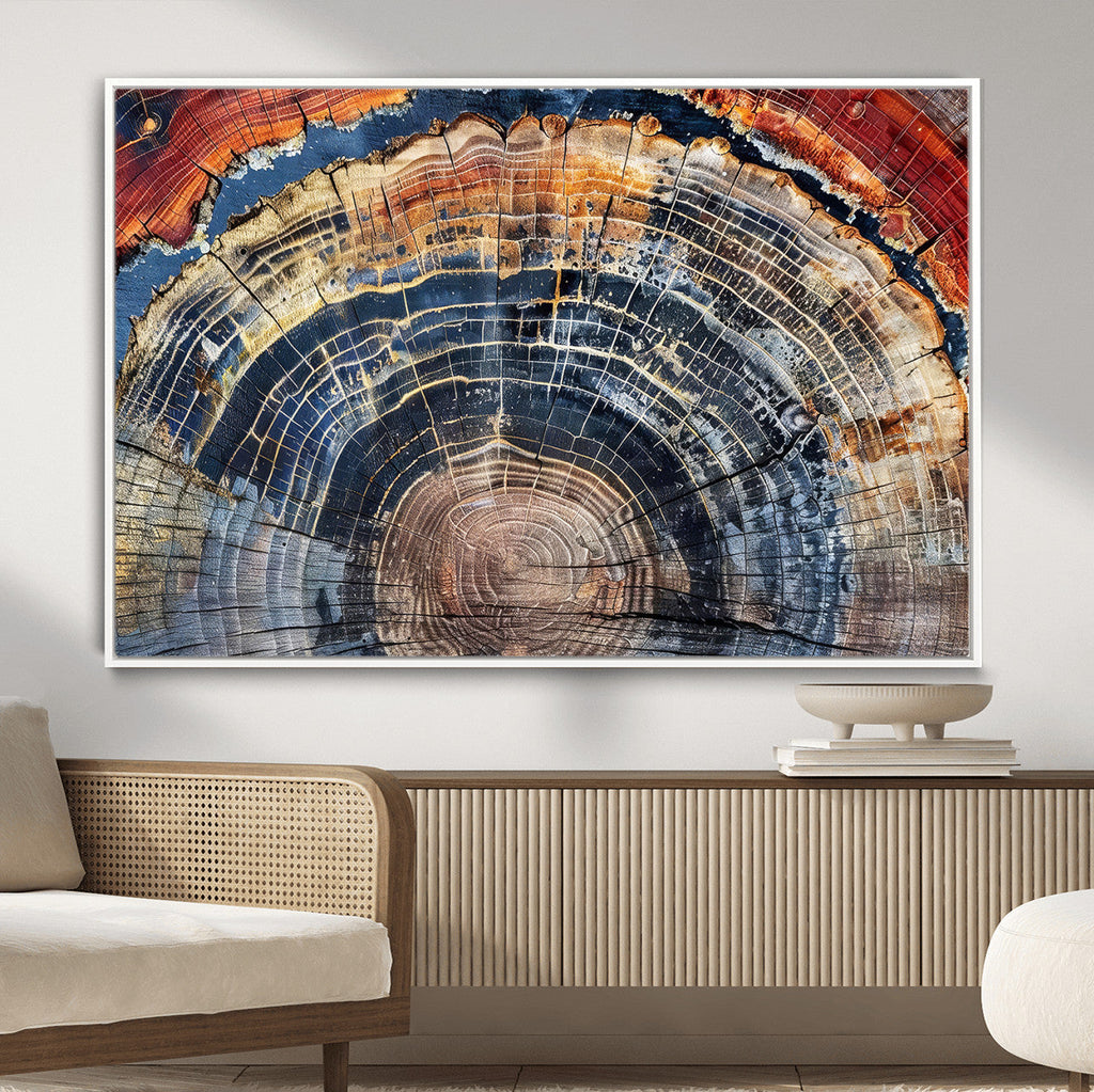 Tree Rings Wall Art Canvas Print, Framed Petrified Wood Art, Modern Rustic Decor