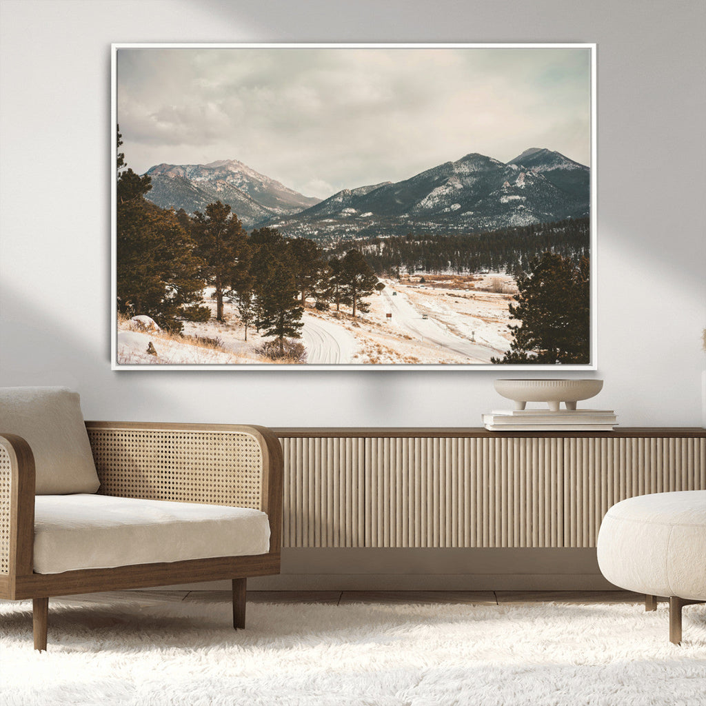 Mountain Landscape Wall Art Canvas Print, Framed Snowy Peaks Alpine Winter