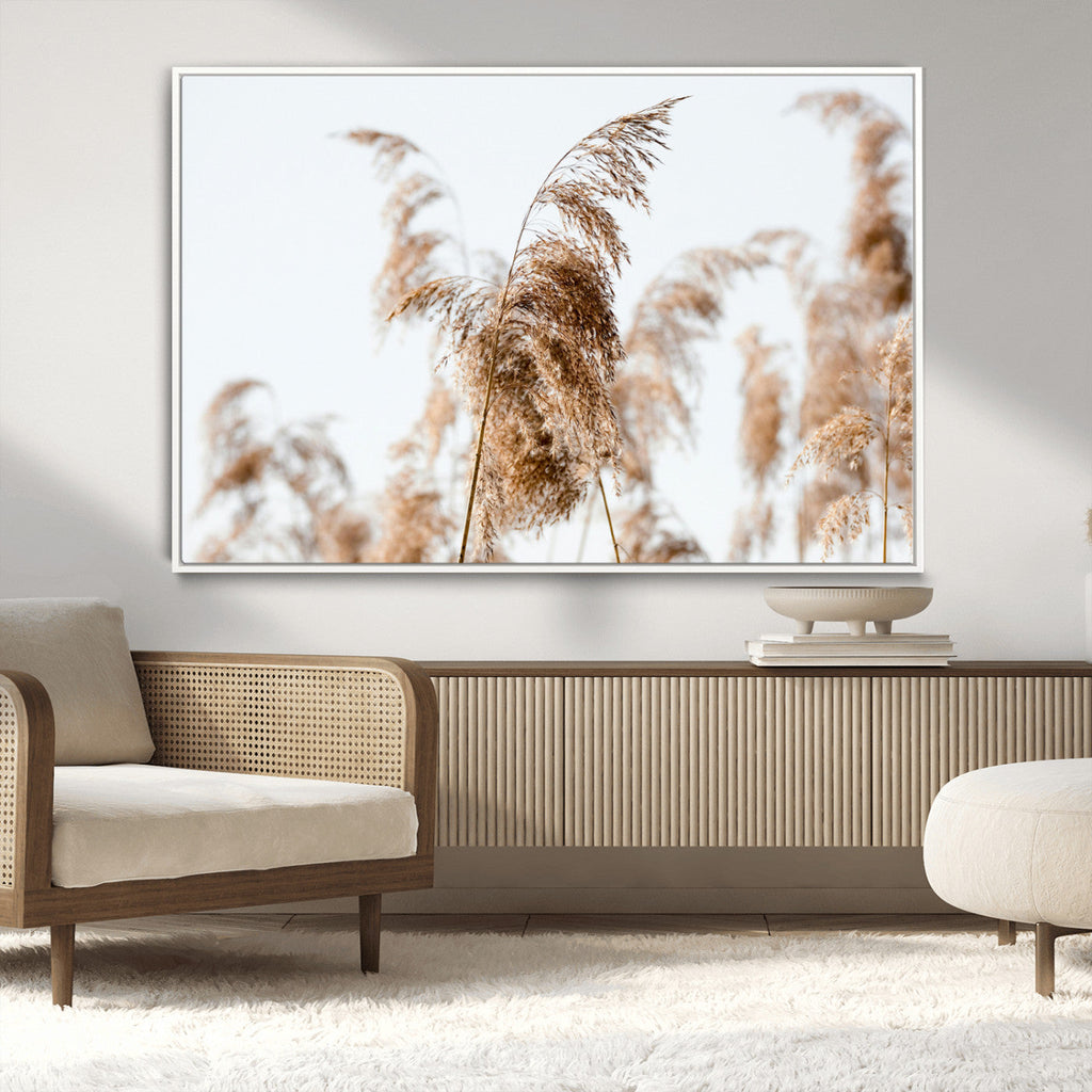 Pampas Grass Wall Art Canvas Print, Framed Neutral Tones Minimalist Boho