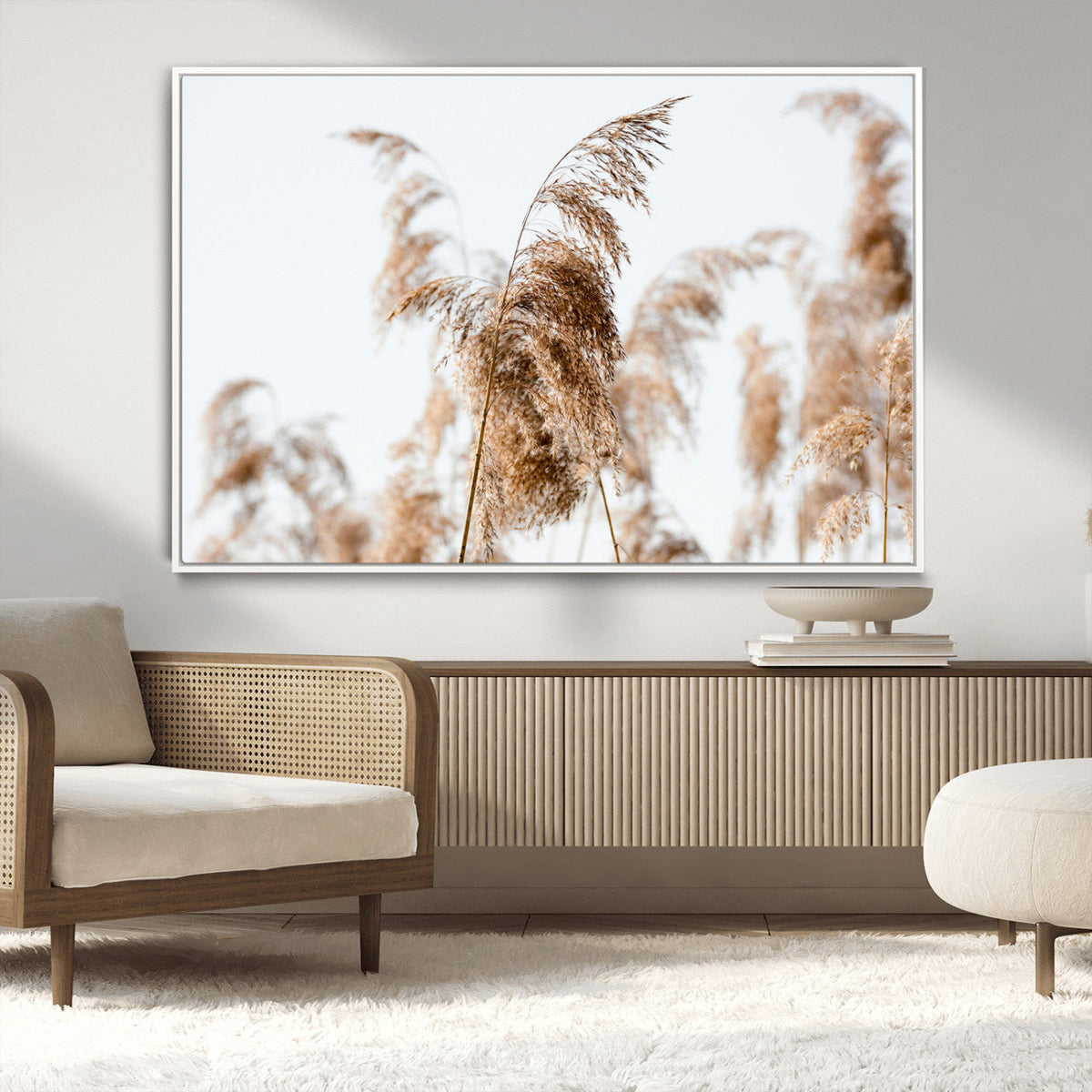 Pampas Grass Wall Art Canvas Print, Framed Neutral Tones Minimalist Boho