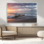 Golden Hour Wall Art Canvas Print, Framed Tranquil Waves Beach Sunset