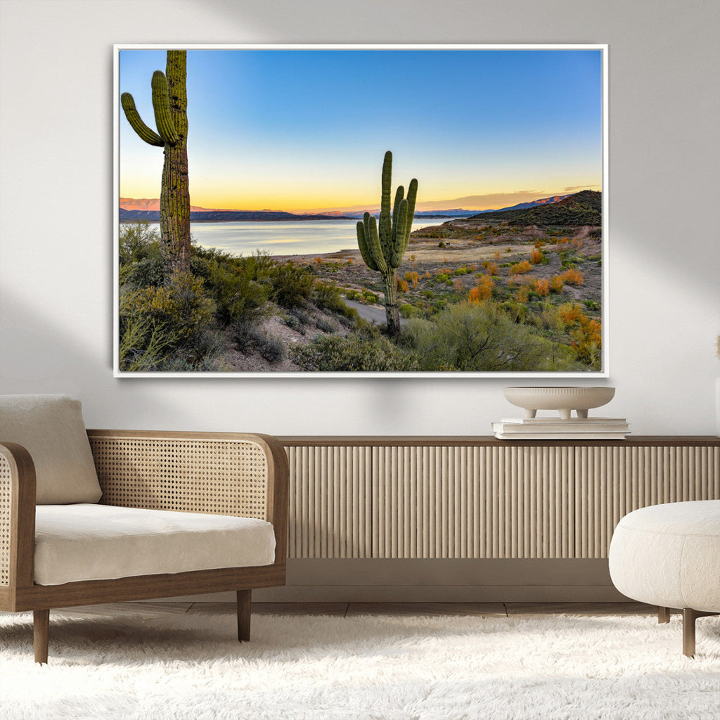 Saguaro Cactus Wall Art Canvas Print, Framed Desert Sunset Southwestern