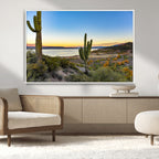 Saguaro Cactus Wall Art Canvas Print, Framed Desert Sunset Southwestern