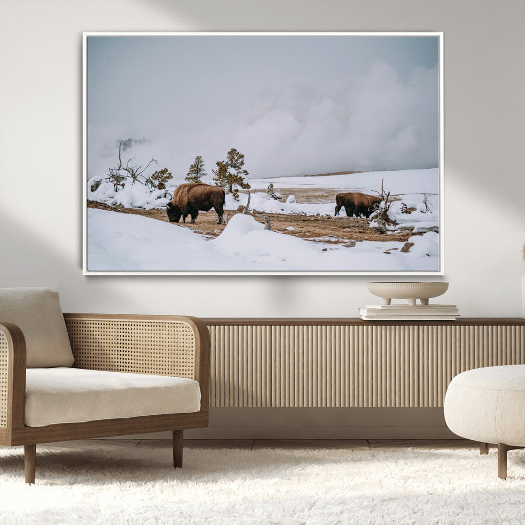 Bison Wildlife Wall Art Canvas Print, Framed Snowy Prairie Art, Western Landscape Decor