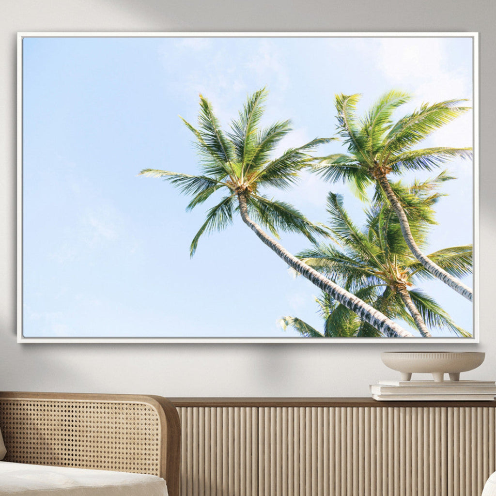 Palm Trees Wall Art Canvas Print, Framed Tropical Coastal Scene Under Blue Sky