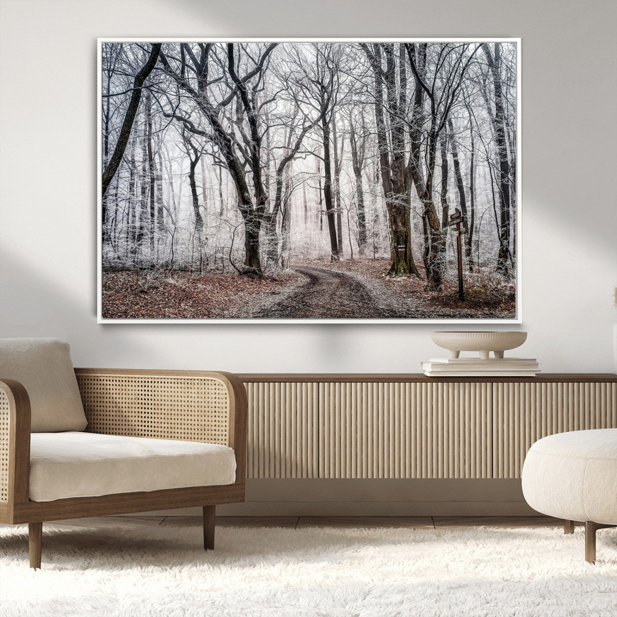 Winter Forest Wall Art Canvas Print, Framed Frosty Woodland with Misty Trees