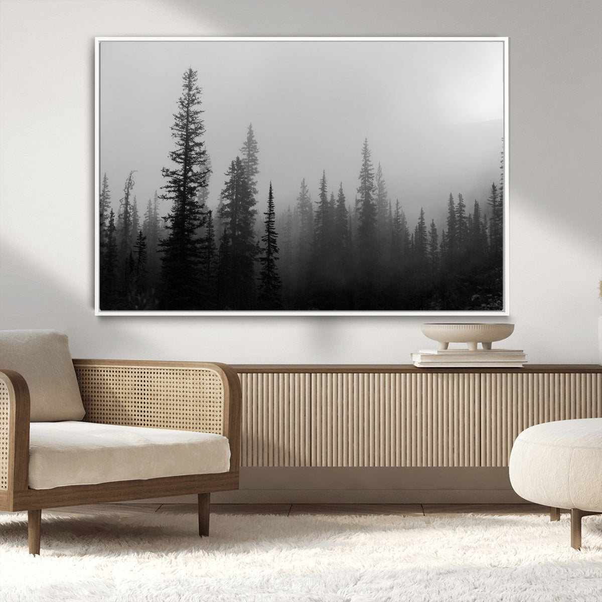 Misty Pines Wall Art Canvas Print, Framed Woodland Minimalist Black and White