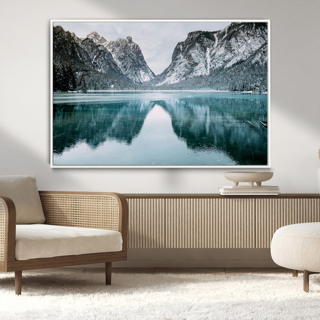 Mountain Lake Wall Art Canvas Print, Framed Toblacher See Winter Wonderland