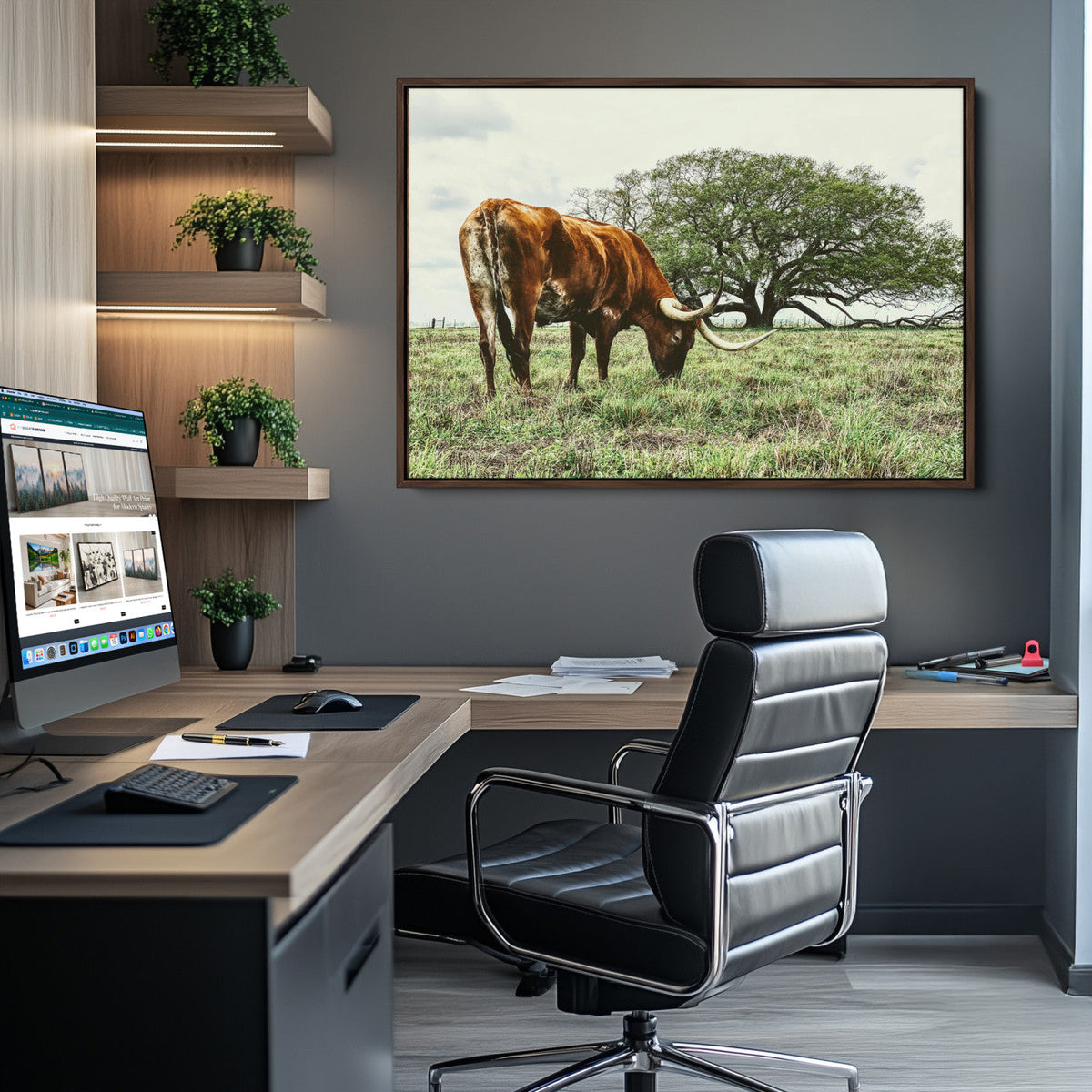 Texas Longhorn Wall Art Canvas Print, Rustic Western Ranch