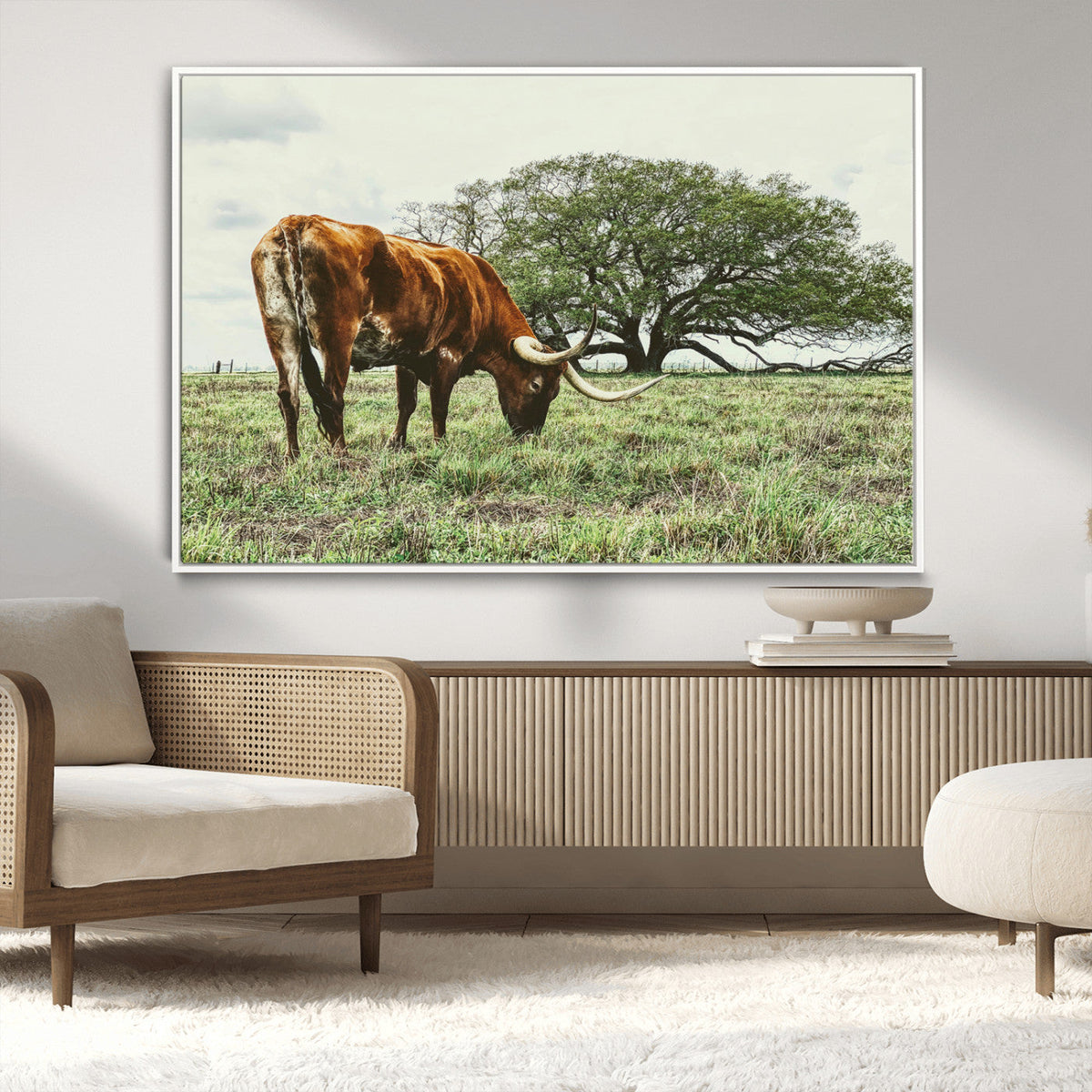 Texas Longhorn Wall Art Canvas Print, Framed Rustic Ranch Western Cattle
