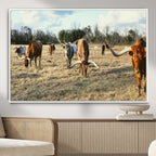 Texas Longhorns Wall Art Canvas Print, Framed Rustic Farm Scene Western Cattle